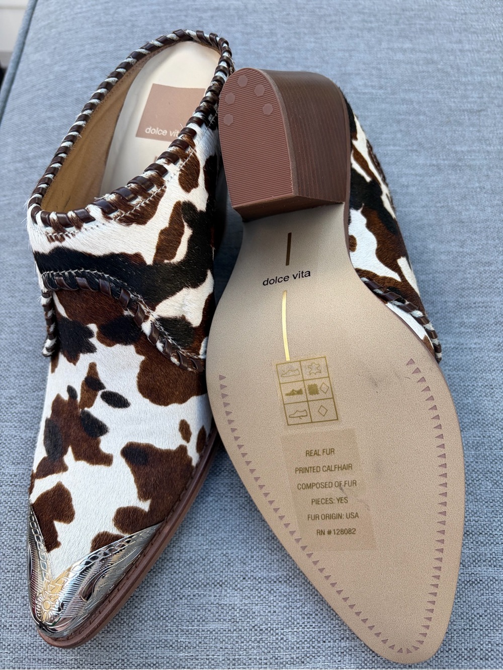 Dolce Vita Brown and White Cow-Print Block Heel Mules with Metallic Toe size 9 - Picture 5 of 10